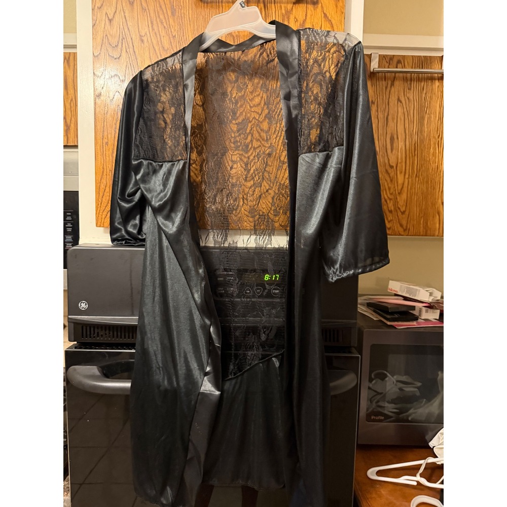 Unbranded Black Satin Robe Sheer Floral Lace Back Elbow Sleeve Lingerie Kimono